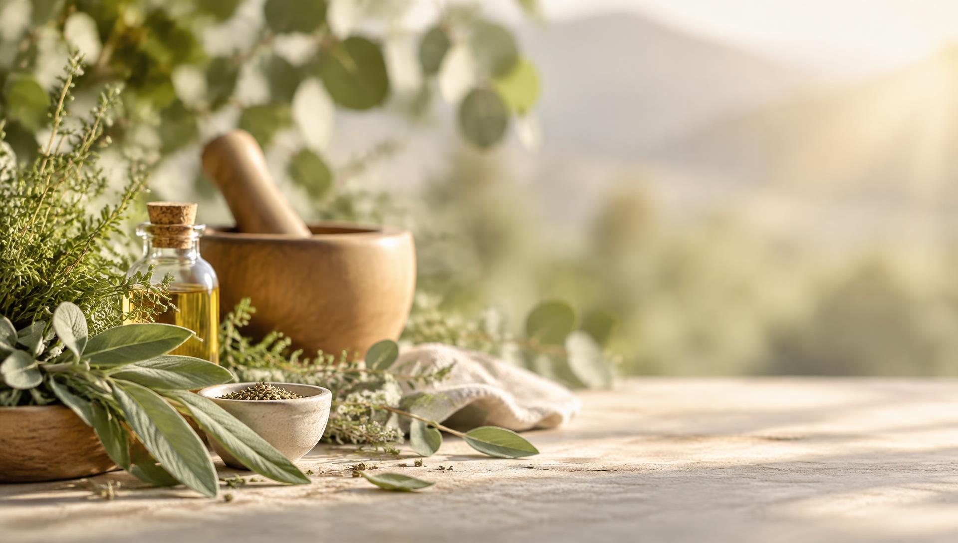 Natural herbs with a wooden mortar and pestle
