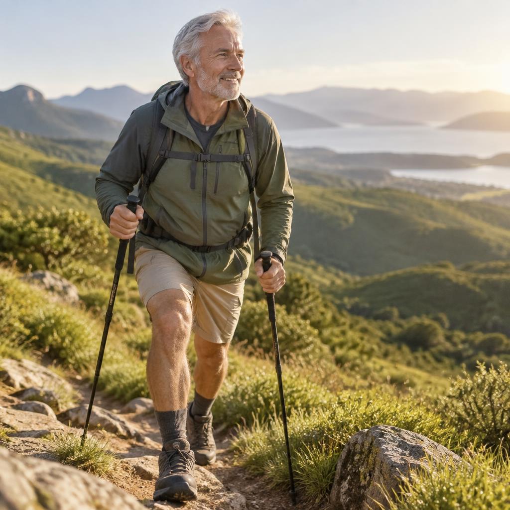 Active man hiking with strong, mobile joints
